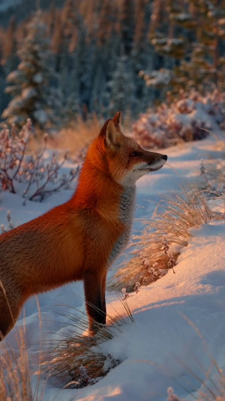 Zorro rojo alerta de pie sobre la nieve