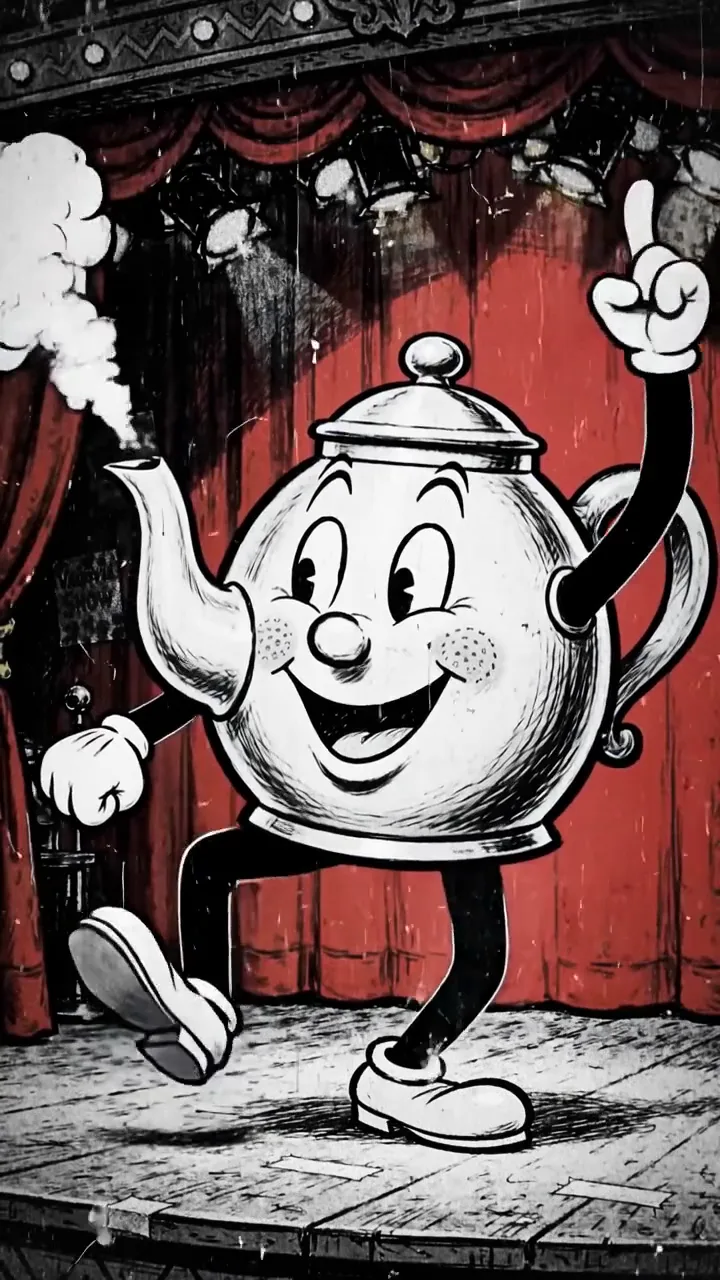 Tetera animada en blanco y negro, caricatura de los años 30
