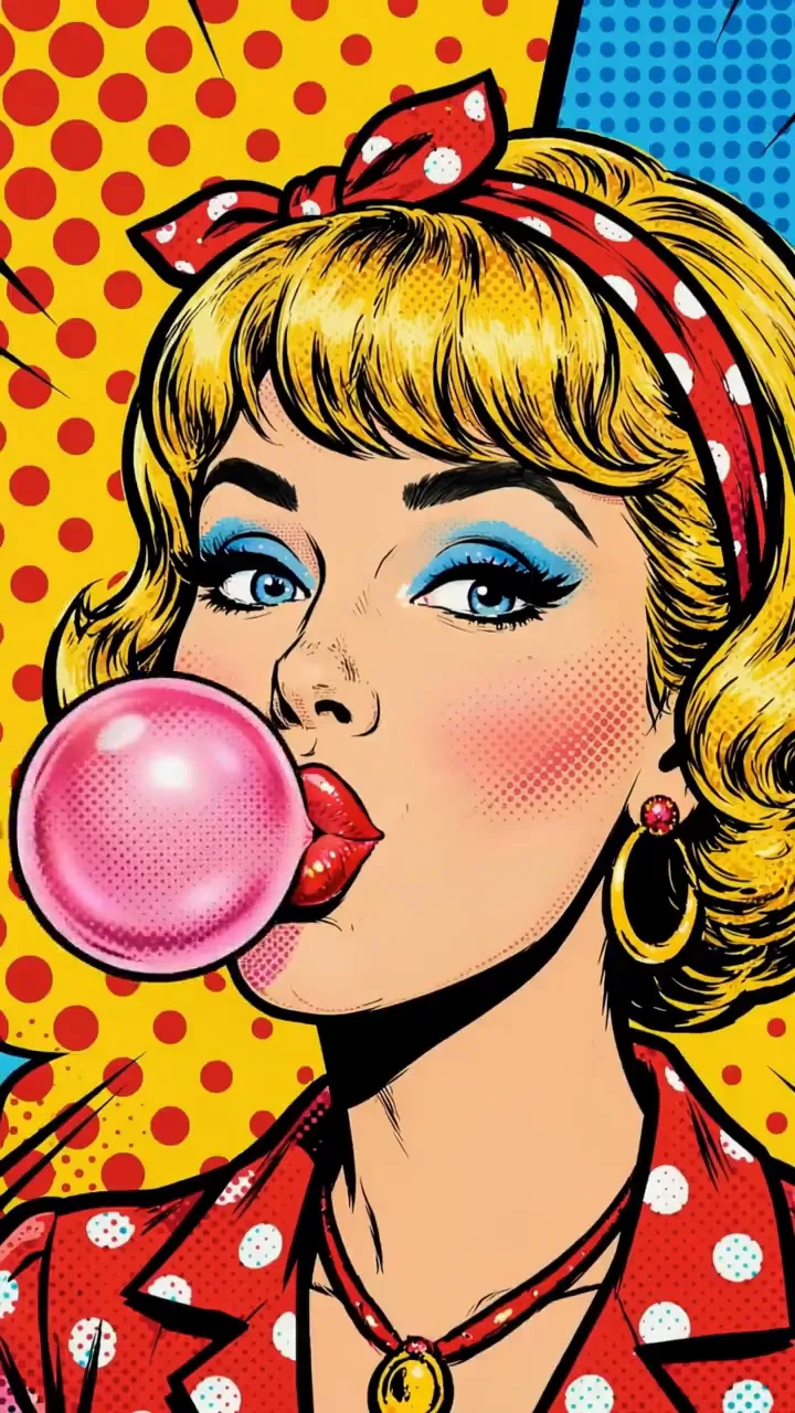 Retrato pop art de una chica haciendo un globo de chicle